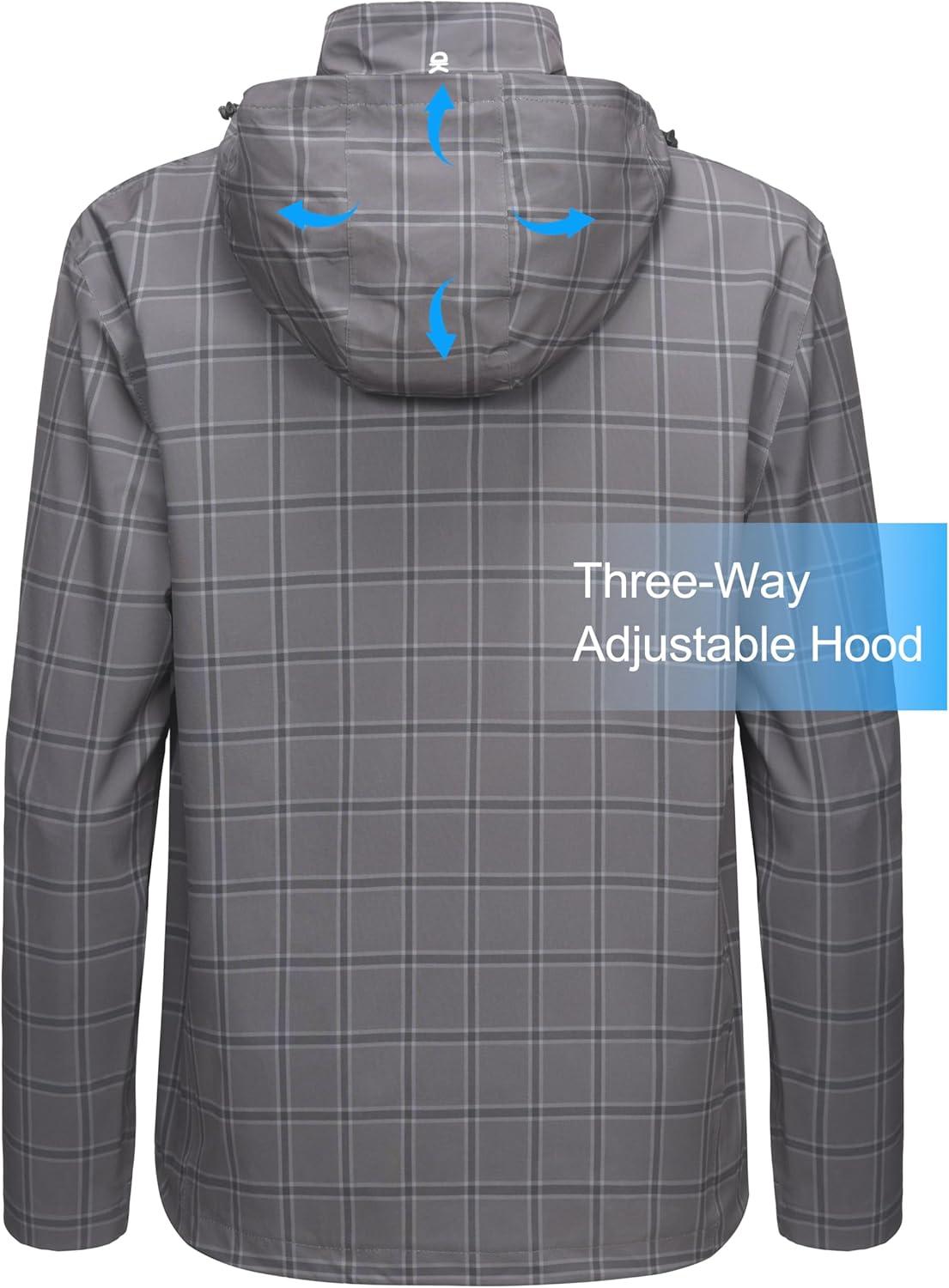 imageLittle Donkey Andy Mens Waterproof Rain Jacket Lightweight Windbreaker Hooded Jacket Packable Raincoat for Outdoor HikingGrey Plaid