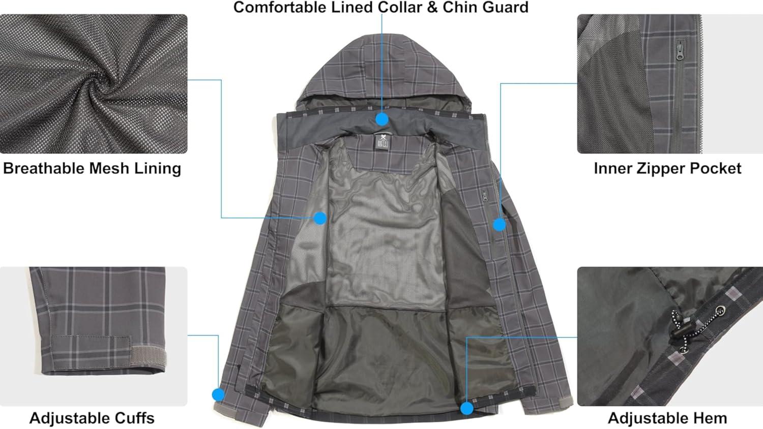 imageLittle Donkey Andy Mens Waterproof Rain Jacket Lightweight Windbreaker Hooded Jacket Packable Raincoat for Outdoor HikingGrey Plaid