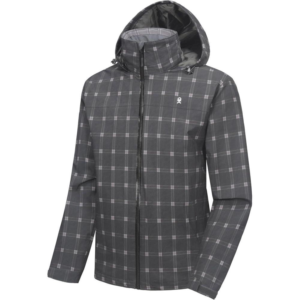 imageLittle Donkey Andy Mens Waterproof Rain Jacket Lightweight Windbreaker Hooded Jacket Packable Raincoat for Outdoor HikingBlack Plaid