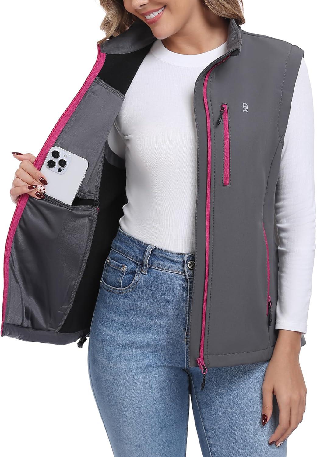 imageLittle Donkey Andy Womens Lightweight Vest Fleece Softshell Vest Windproof Sleeveless Jacket Outerwear with 6 Zipper PocketsGrey