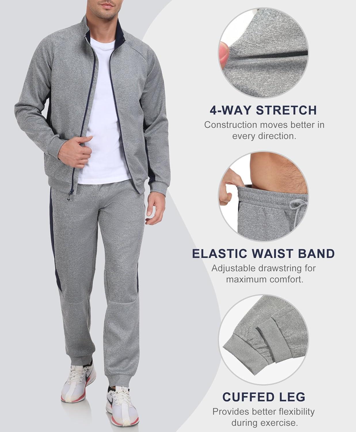 imageLittle Donkey Andy Mens Tracksuit Sweatsuits 2 Piece Set Athletic Jogging Elasticity Full Zip Sets Sweat Track Suits for MenGathered Leg Light Gray
