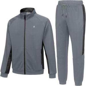 Little Donkey Andy Mens Tracksuit Sweatsuits 2 Piece Set Athletic Jogging Elasticity Full Zip Sets Sweat Track Suits for Men(Gathered Leg Deep Gray)
