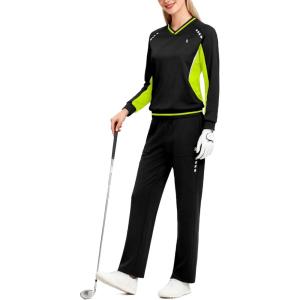 Little Donkey Andy Womens Sweatsuit V Neck Pullover Tracksuit 2 Piece Jogger Outfit Straight Leg Sweatpants Set Matching Suit(Jet Black-fruit Green)