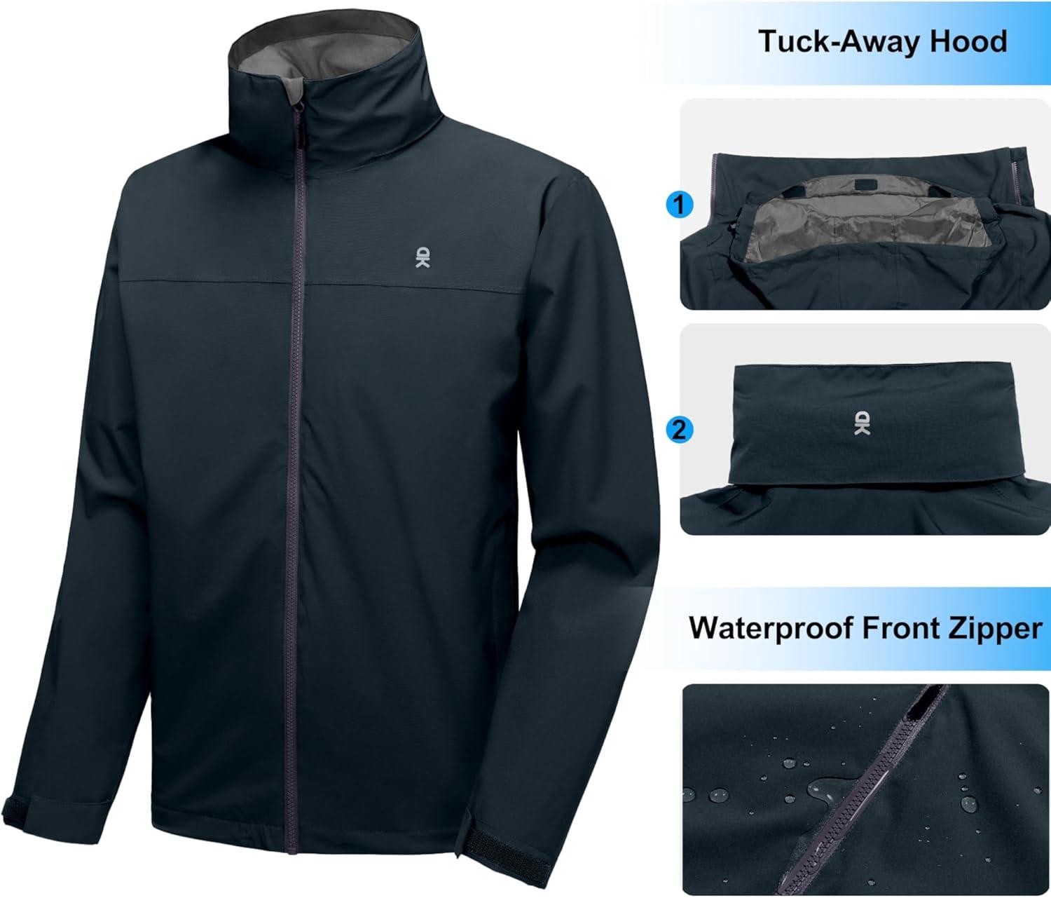 imageLittle Donkey Andy Mens Waterproof Rain Jacket Lightweight Windbreaker Hooded Jacket Packable Raincoat for Outdoor HikingBasic Navy