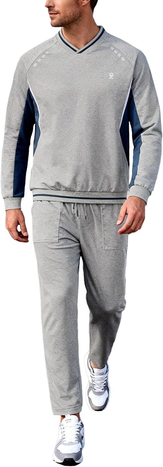 imageLittle Donkey Andy Mens Tracksuit 2 Piece Sweatsuit V Neck Pullover Set Jogging Athletic Outfits Casual Gym Sports Suit SetsLight Graynavy