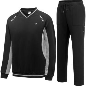 Little Donkey Andy Men’s Tracksuit 2 Piece Sweatsuit V Neck Pullover Set Jogging Athletic Outfits Casual Gym Sports Suit Sets(Black-light Gray)