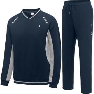 Little Donkey Andy Men’s Tracksuit 2 Piece Sweatsuit V Neck Pullover Set Jogging Athletic Outfits Casual Gym Sports Suit Sets(Navy-light Gray)