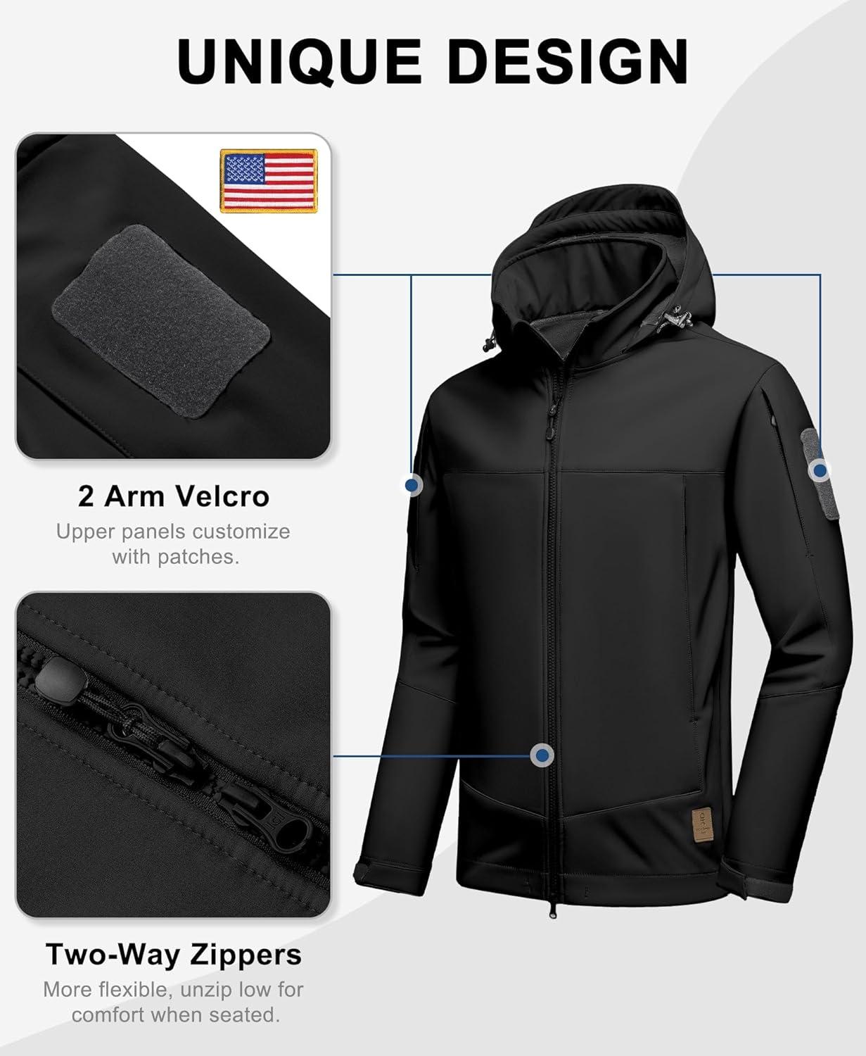 imageLittle Donkey Andy Mens Softshell Jacket Hooded Light Waterproof Tactical Jacket Fleece Windbreaker Jackets with 8 PocketsBlack