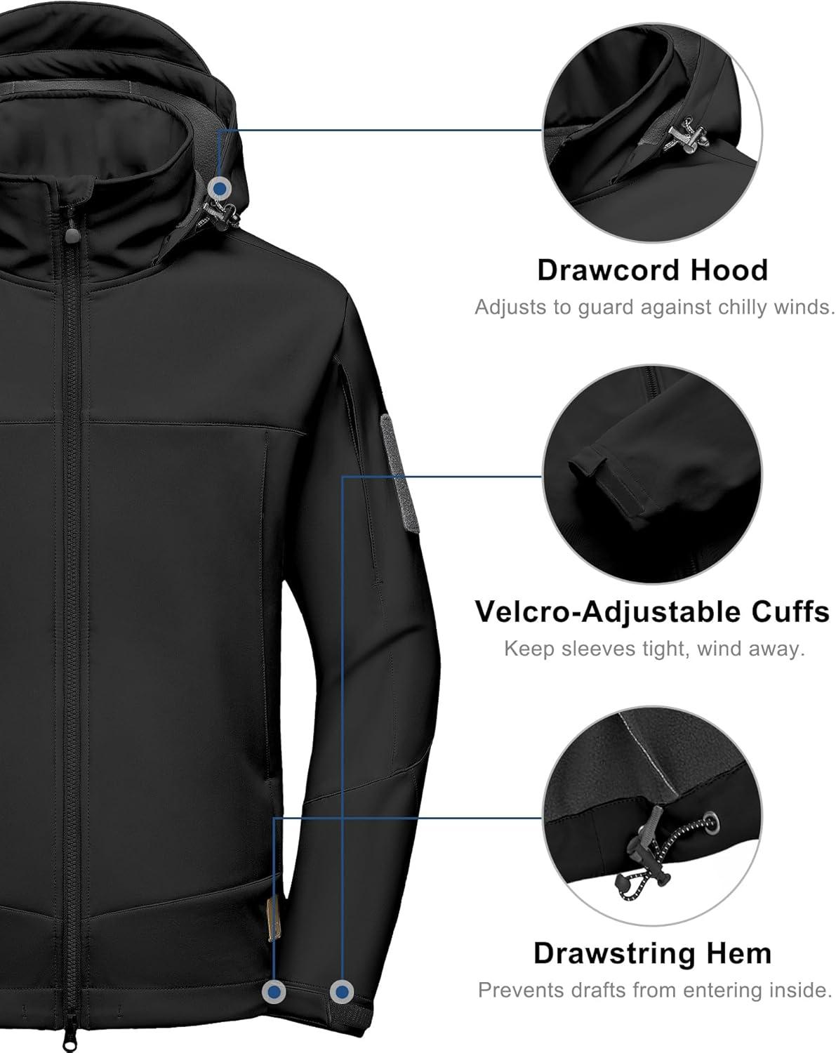 imageLittle Donkey Andy Mens Softshell Jacket Hooded Light Waterproof Tactical Jacket Fleece Windbreaker Jackets with 8 PocketsBlack
