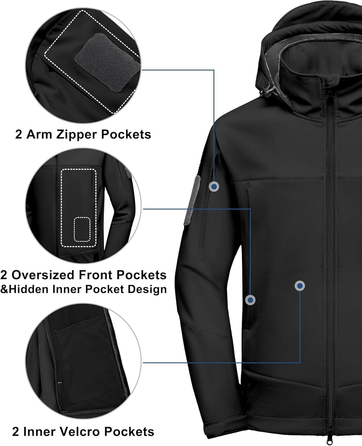 imageLittle Donkey Andy Mens Softshell Jacket Hooded Light Waterproof Tactical Jacket Fleece Windbreaker Jackets with 8 PocketsBlack