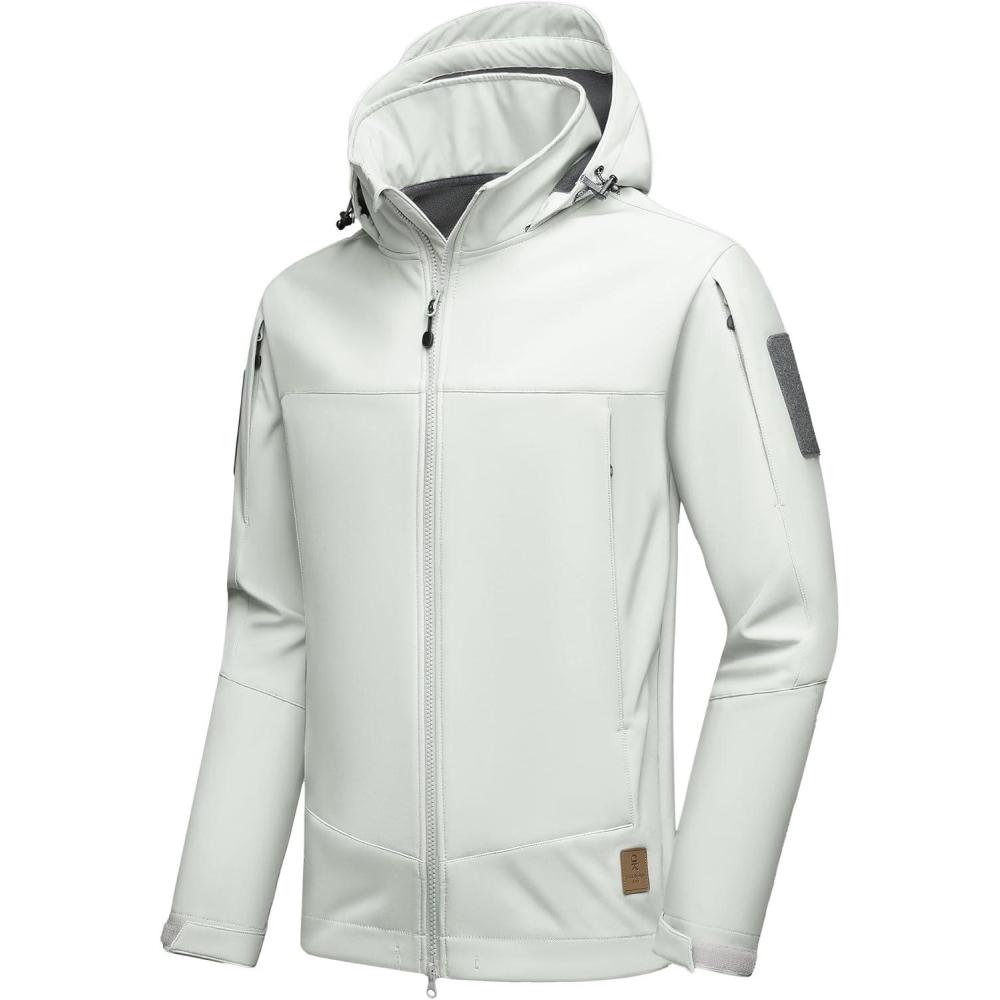 imageLittle Donkey Andy Mens Softshell Jacket Hooded Light Waterproof Tactical Jacket Fleece Windbreaker Jackets with 8 PocketsLight Grey