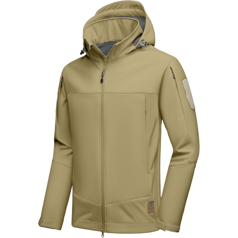 imageLittle Donkey Andy Mens Softshell Jacket Hooded Light Waterproof Tactical Jacket Fleece Windbreaker Jackets with 8 PocketsSand Color