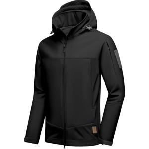 Little Donkey Andy Men’s Softshell Jacket Hooded Light Waterproof Tactical Jacket Fleece Windbreaker Jackets with 8 Pockets(Black)
