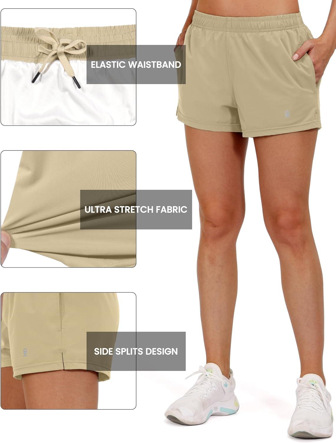 imageLittle Donkey Andy Womens Running ShortsQuick Dry Athletic Shorts Workout Sport Gym Shorts with PocketsUpgraded Khaki