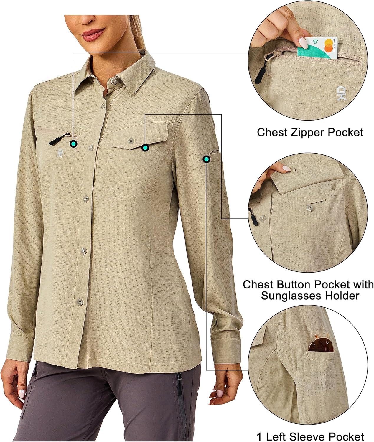 imageLittle Donkey Andy Womens UPF 50 UV Protection Breathable Long Sleeve Hiking Shirt Fishing Travel Shits AirHoles TechLight Khaki