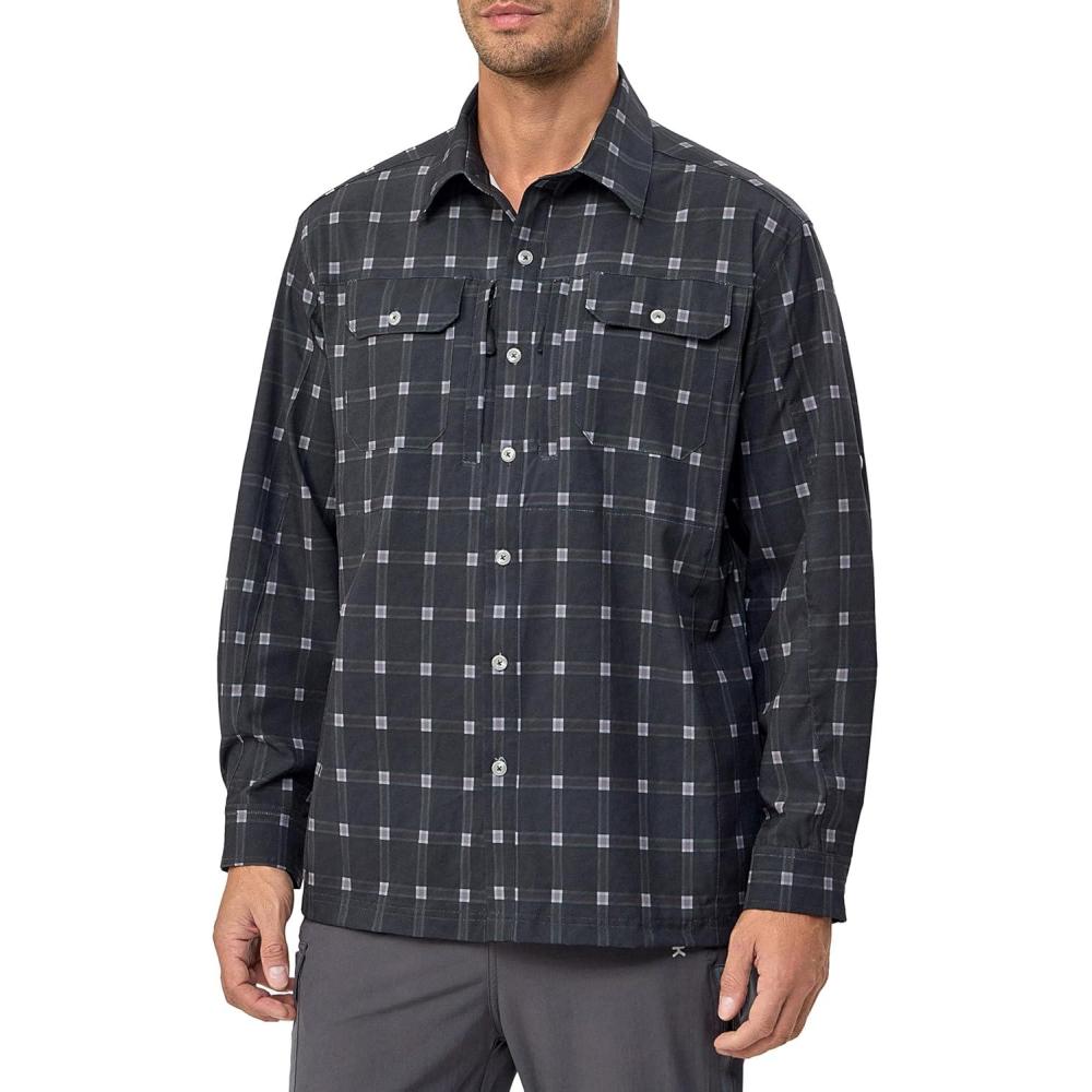 imageLittle Donkey Andy Mens Stretch Quick Dry UPF50 Long Sleeve Shirt for Hiking Travel CampingBlack Plaid