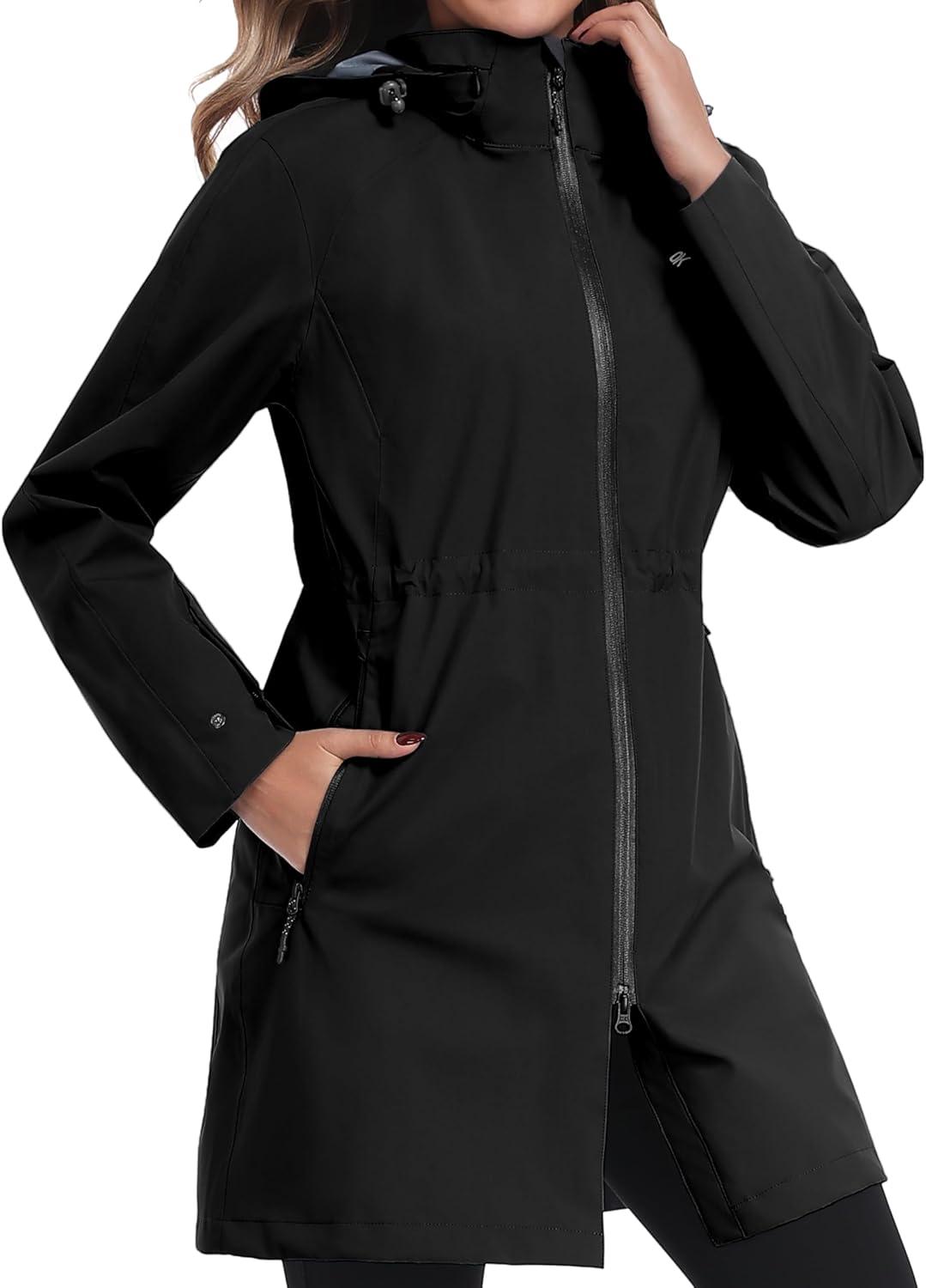 imageLittle Donkey Andy Womens Waterproof Hooded Rain Jacket Mid Length Outdoor Coat with Zipper PocketsClassic Black