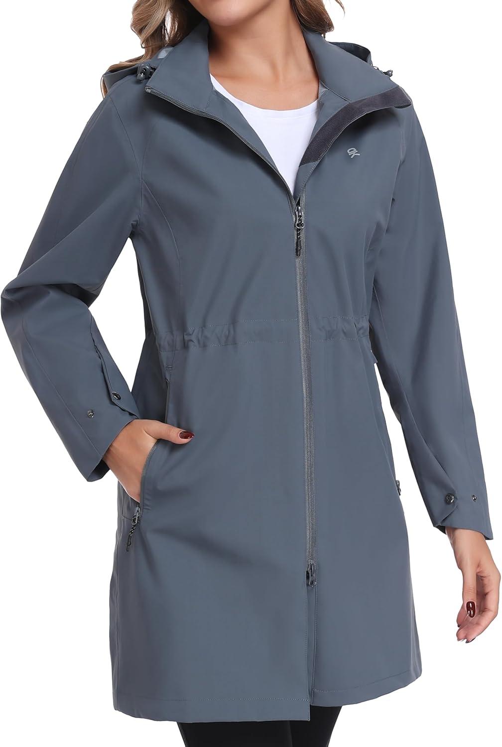 imageLittle Donkey Andy Womens Waterproof Hooded Rain Jacket Mid Length Outdoor Coat with Zipper PocketsDark Gray