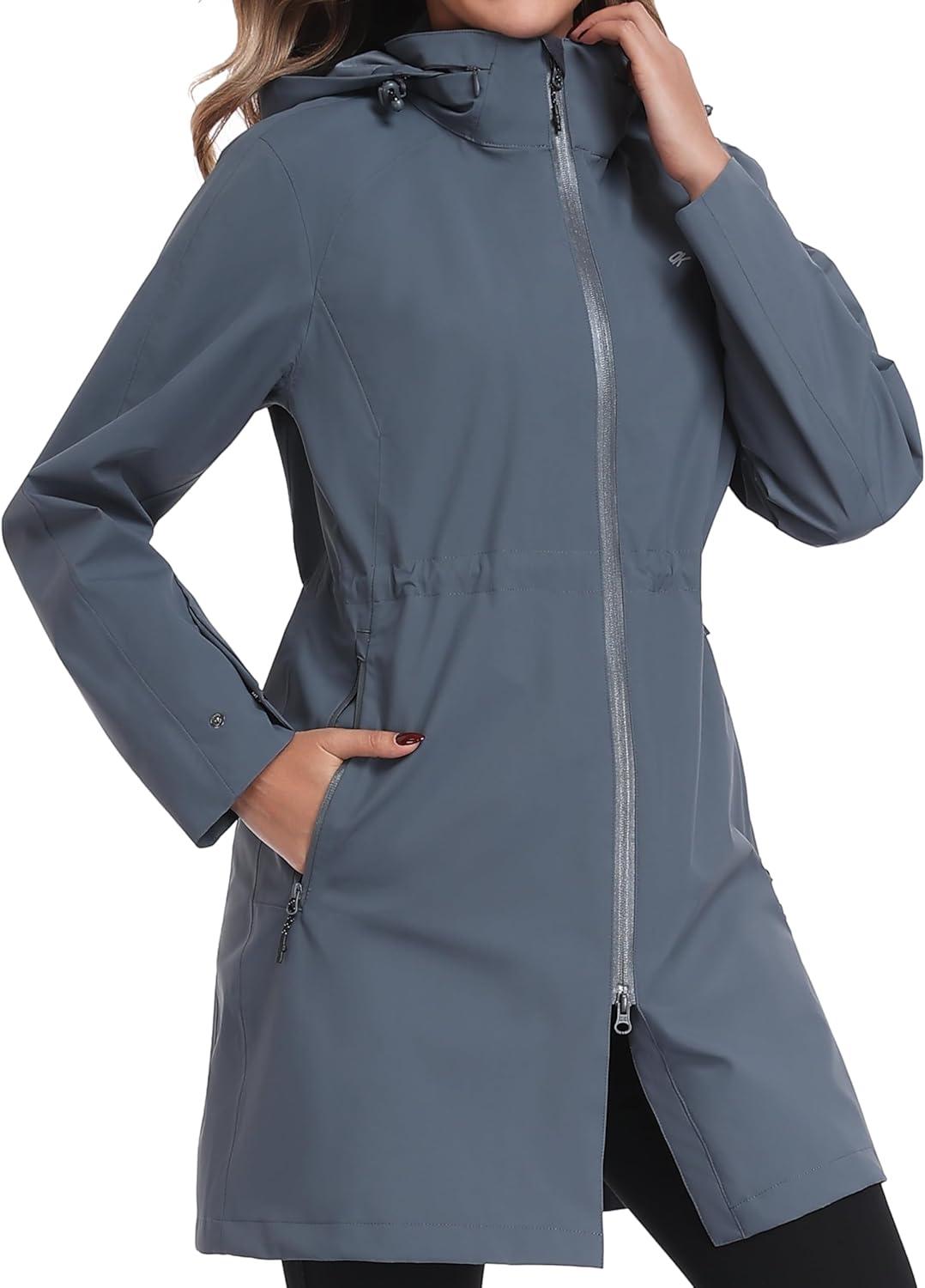 imageLittle Donkey Andy Womens Waterproof Hooded Rain Jacket Mid Length Outdoor Coat with Zipper PocketsDark Gray