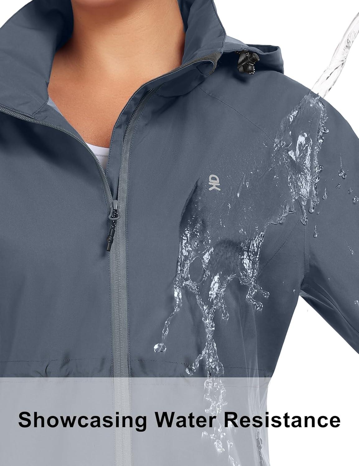 imageLittle Donkey Andy Womens Waterproof Hooded Rain Jacket Mid Length Outdoor Coat with Zipper PocketsDark Gray