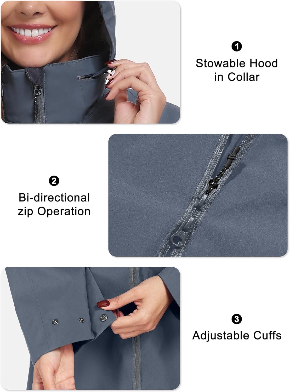 imageLittle Donkey Andy Womens Waterproof Hooded Rain Jacket Mid Length Outdoor Coat with Zipper PocketsDark Gray