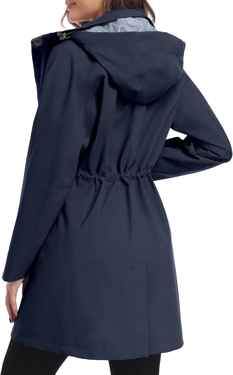 imageLittle Donkey Andy Womens Waterproof Hooded Rain Jacket Mid Length Outdoor Coat with Zipper PocketsDeep Navy