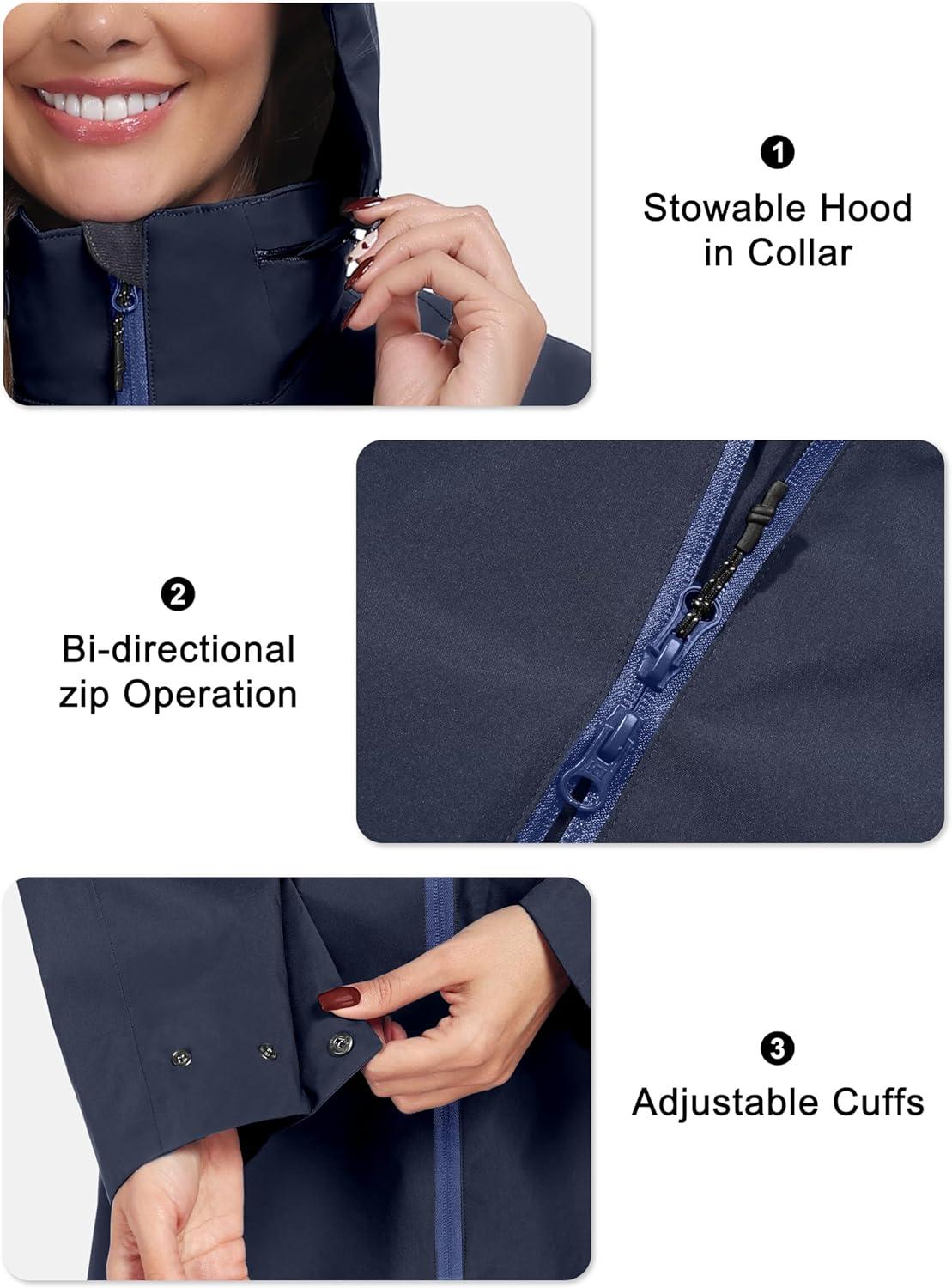imageLittle Donkey Andy Womens Waterproof Hooded Rain Jacket Mid Length Outdoor Coat with Zipper PocketsDeep Navy