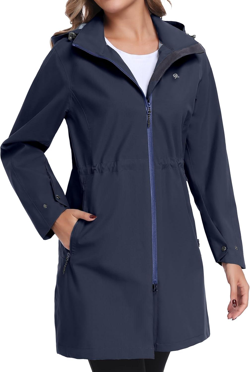 imageLittle Donkey Andy Womens Waterproof Hooded Rain Jacket Mid Length Outdoor Coat with Zipper PocketsDeep Navy
