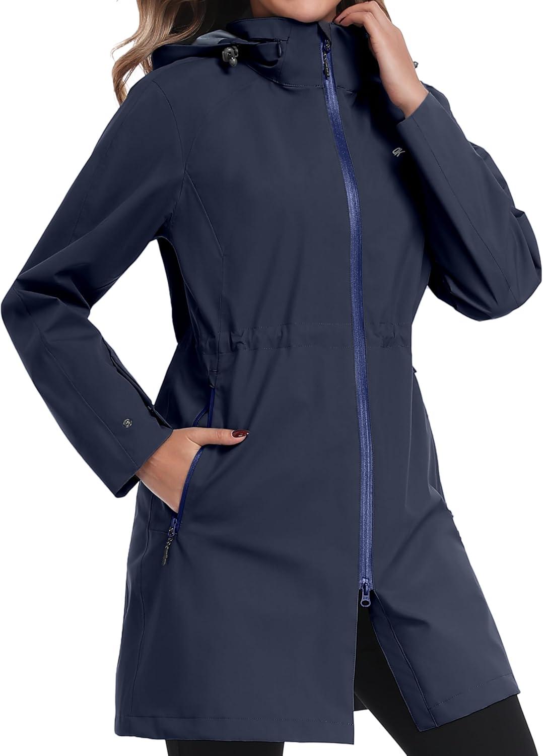 imageLittle Donkey Andy Womens Waterproof Hooded Rain Jacket Mid Length Outdoor Coat with Zipper PocketsDeep Navy
