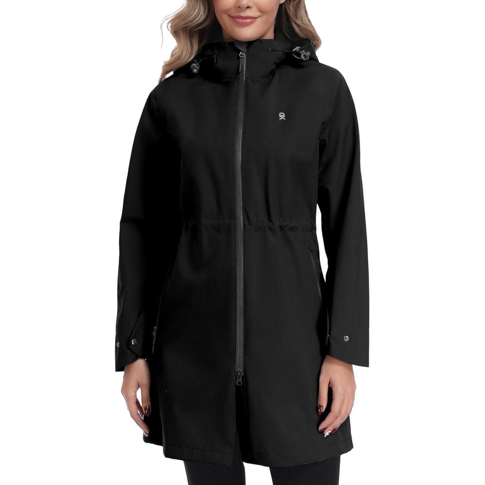 imageLittle Donkey Andy Womens Waterproof Hooded Rain Jacket Mid Length Outdoor Coat with Zipper PocketsClassic Black