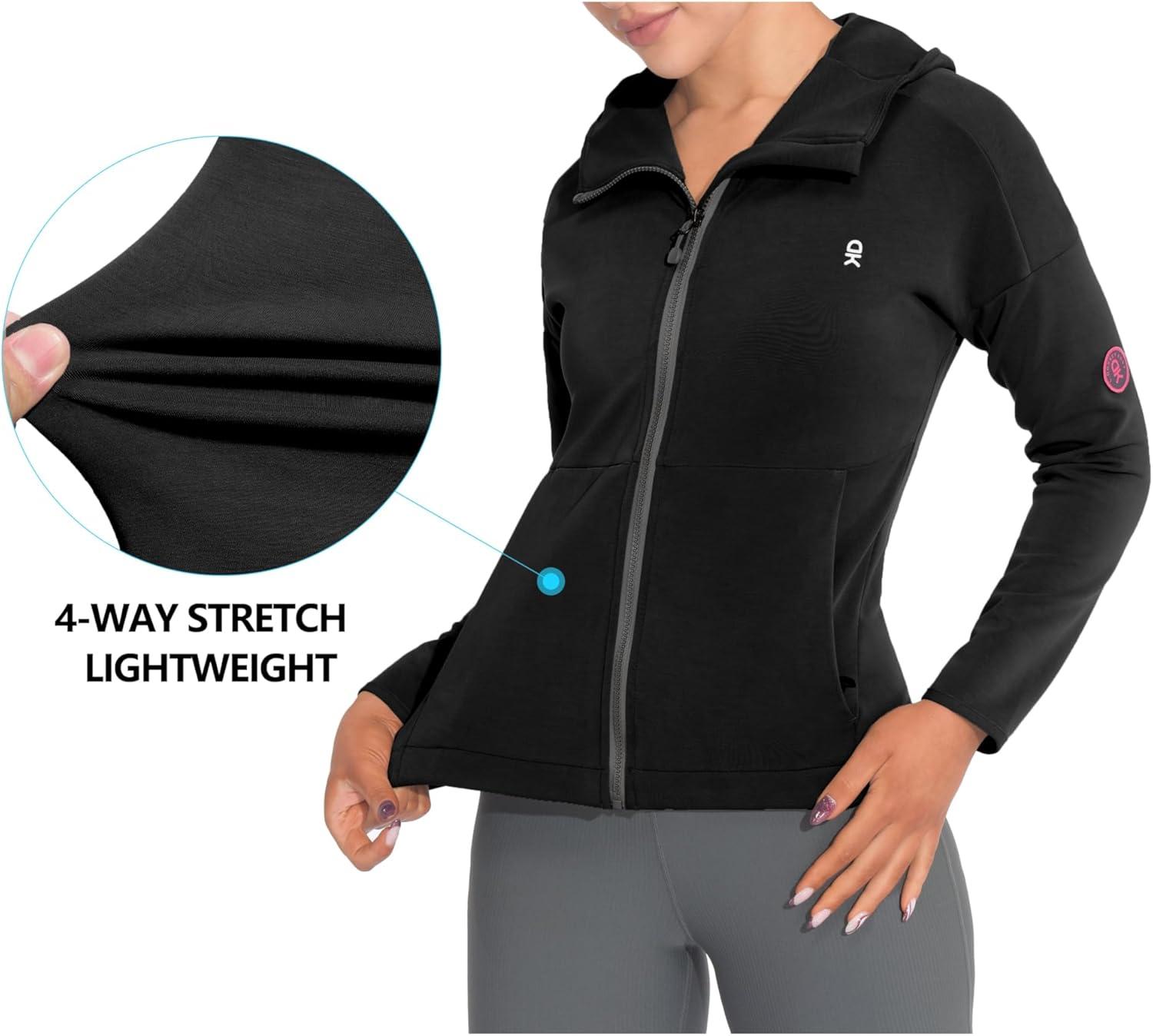 imageLittle Donkey Andy Womens Lightweight Stretch Running Jacket Full Zip Athletic Hooded Jackets MoistureWickingBlack