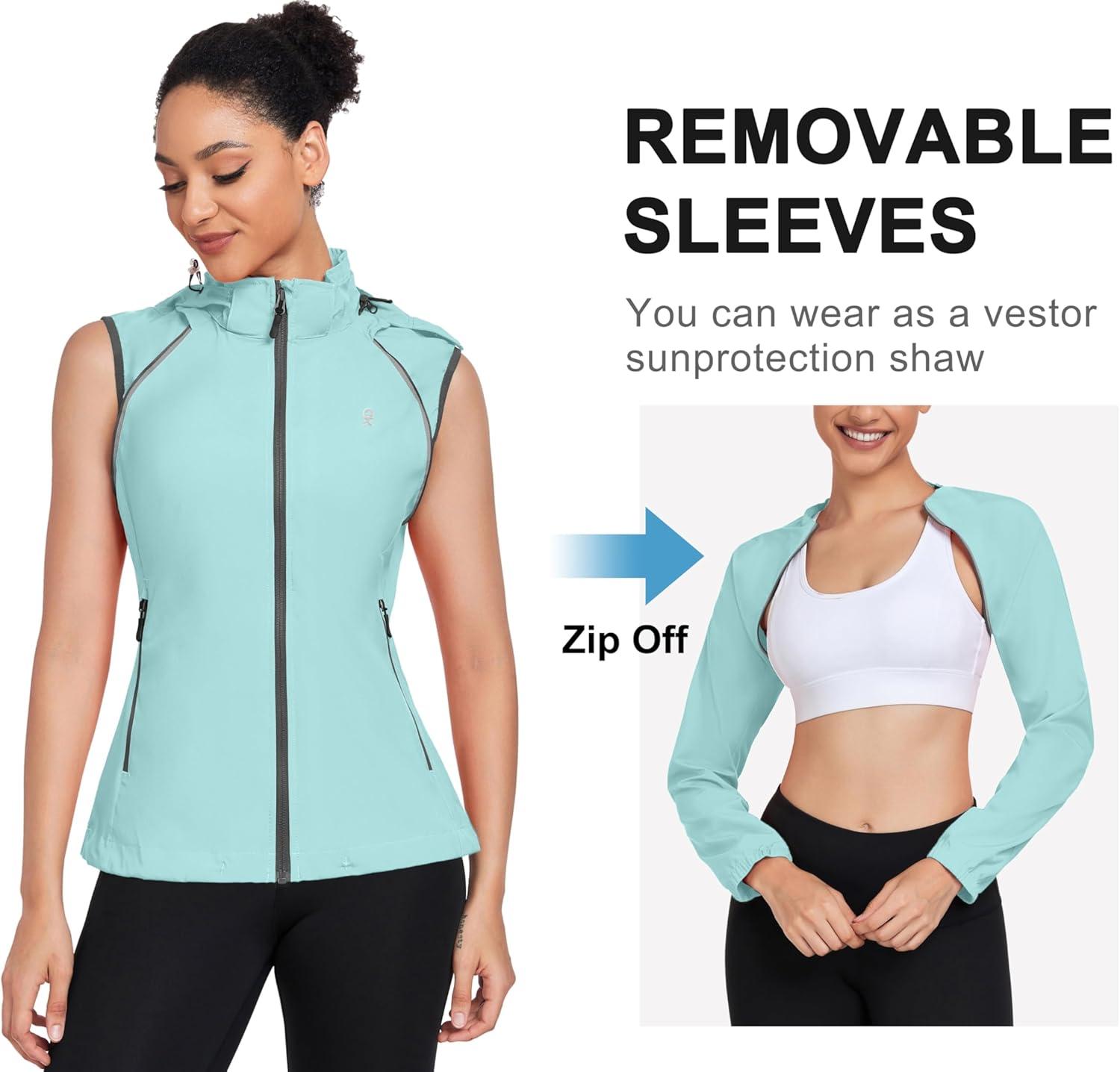 imageLittle Donkey Andy Womens Lightweight Waterproof Cycling Jacket with Removable Sleeves amp Hood for Biking Running GolfBlue Glow