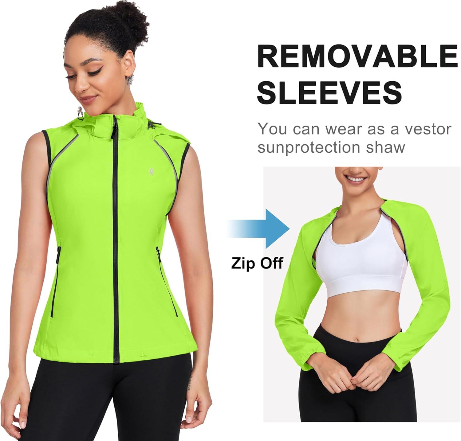 imageLittle Donkey Andy Womens Lightweight Waterproof Cycling Jacket with Removable Sleeves amp Hood for Biking Running GolfFluorescent Yellow
