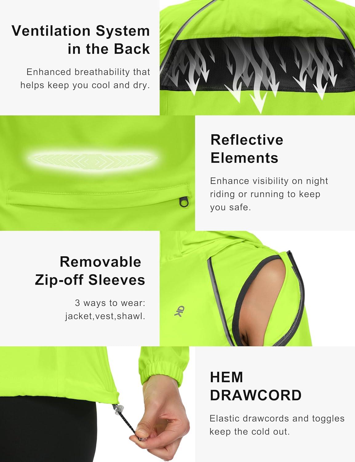 imageLittle Donkey Andy Womens Lightweight Waterproof Cycling Jacket with Removable Sleeves amp Hood for Biking Running GolfFluorescent Yellow