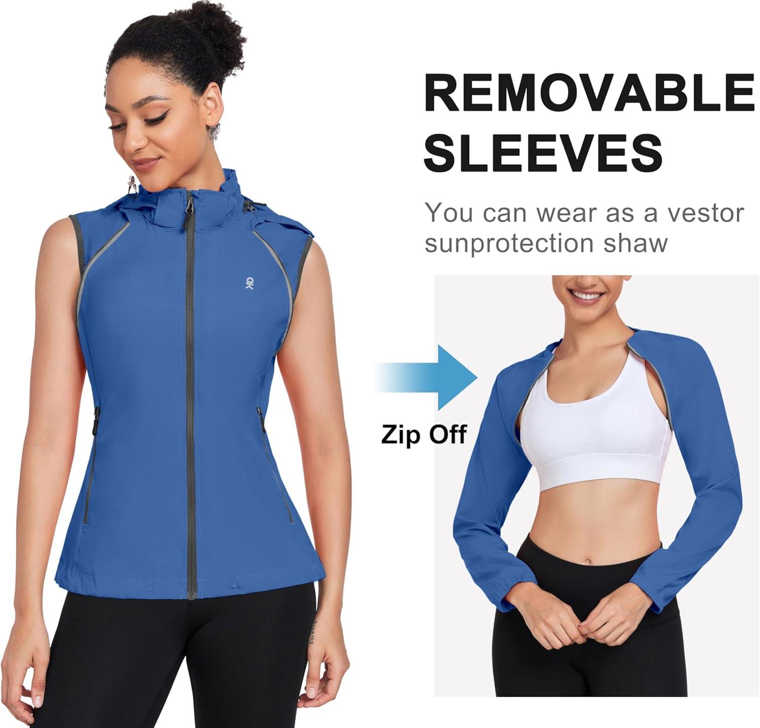 imageLittle Donkey Andy Womens Lightweight Waterproof Cycling Jacket with Removable Sleeves amp Hood for Biking Running GolfNavy Blue