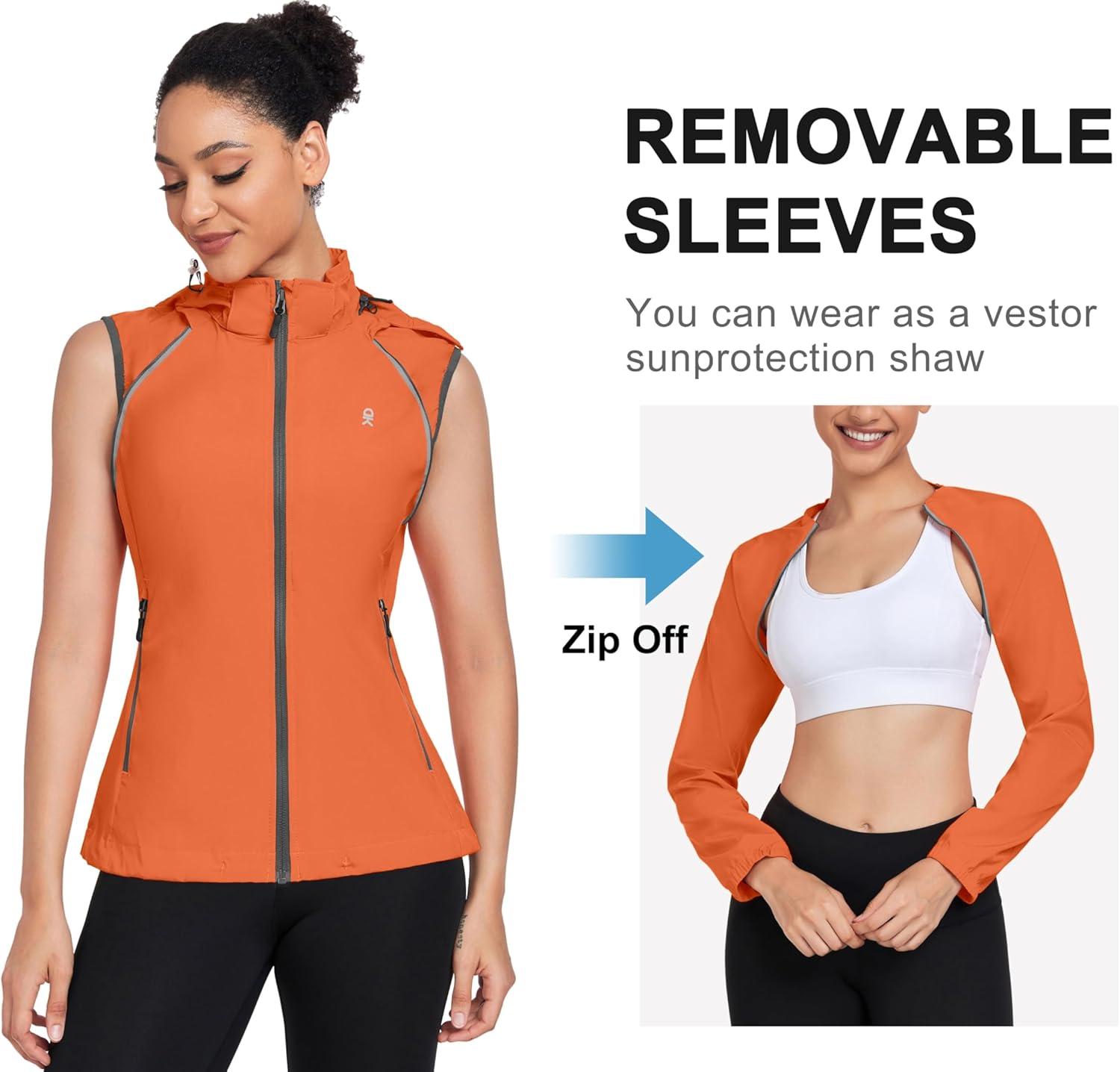 imageLittle Donkey Andy Womens Lightweight Waterproof Cycling Jacket with Removable Sleeves amp Hood for Biking Running GolfOrange