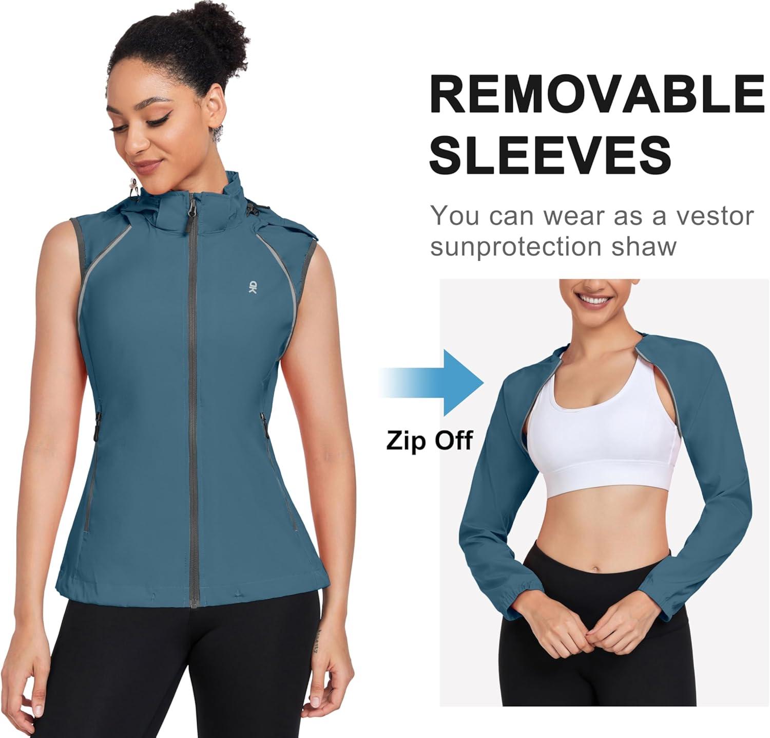 imageLittle Donkey Andy Womens Lightweight Waterproof Cycling Jacket with Removable Sleeves amp Hood for Biking Running GolfSlate Blue