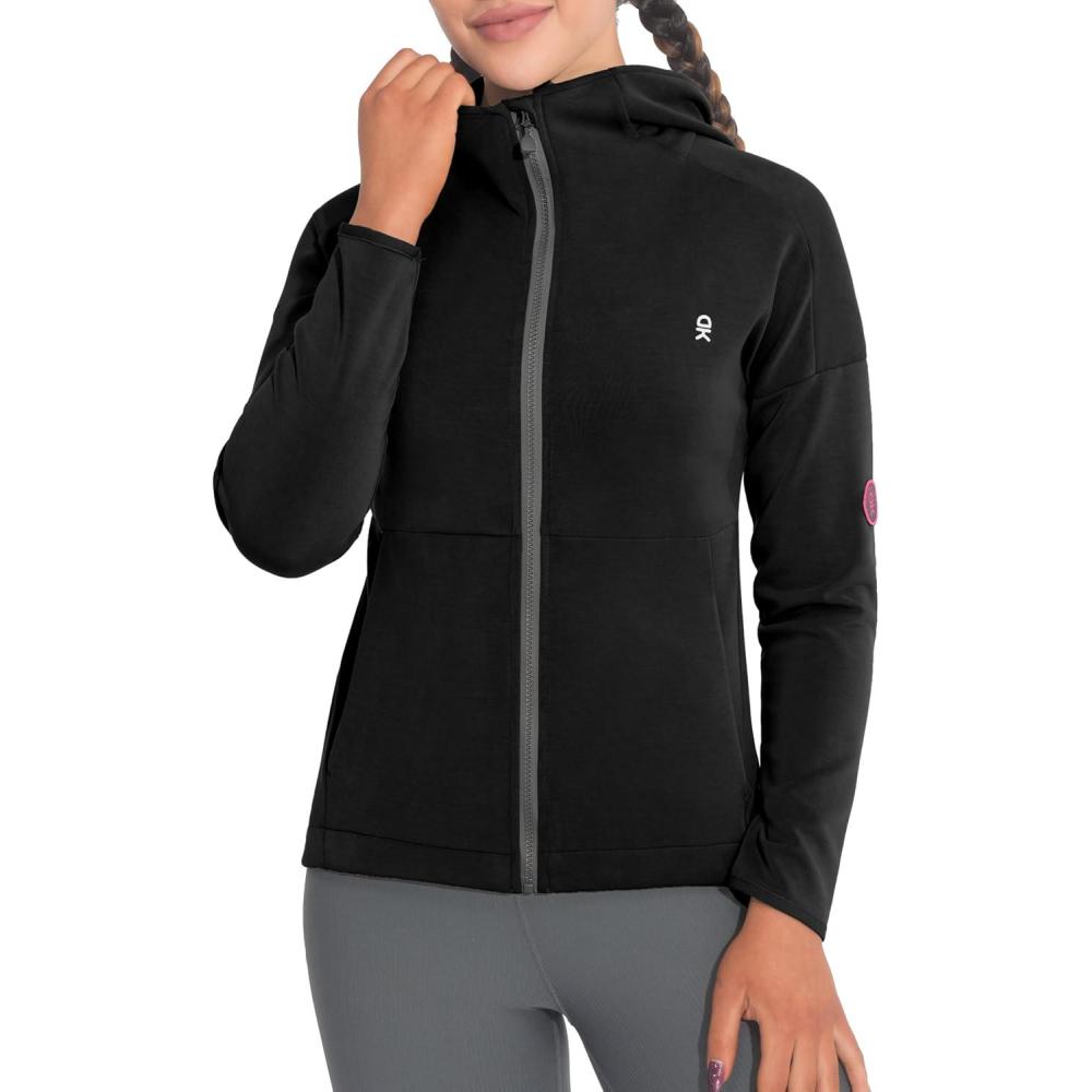 imageLittle Donkey Andy Womens Lightweight Stretch Running Jacket Full Zip Athletic Hooded Jackets MoistureWickingBlack