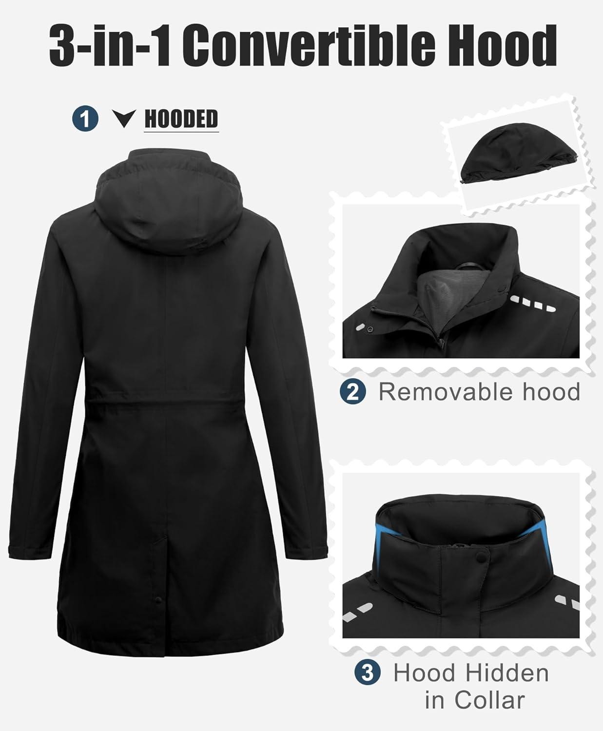 imageLittle Donkey Andy Womens Thin Long Rain Jackets Lightweight Raincoats for Hiking Waterproof Rain Coats with Removable HoodBlack