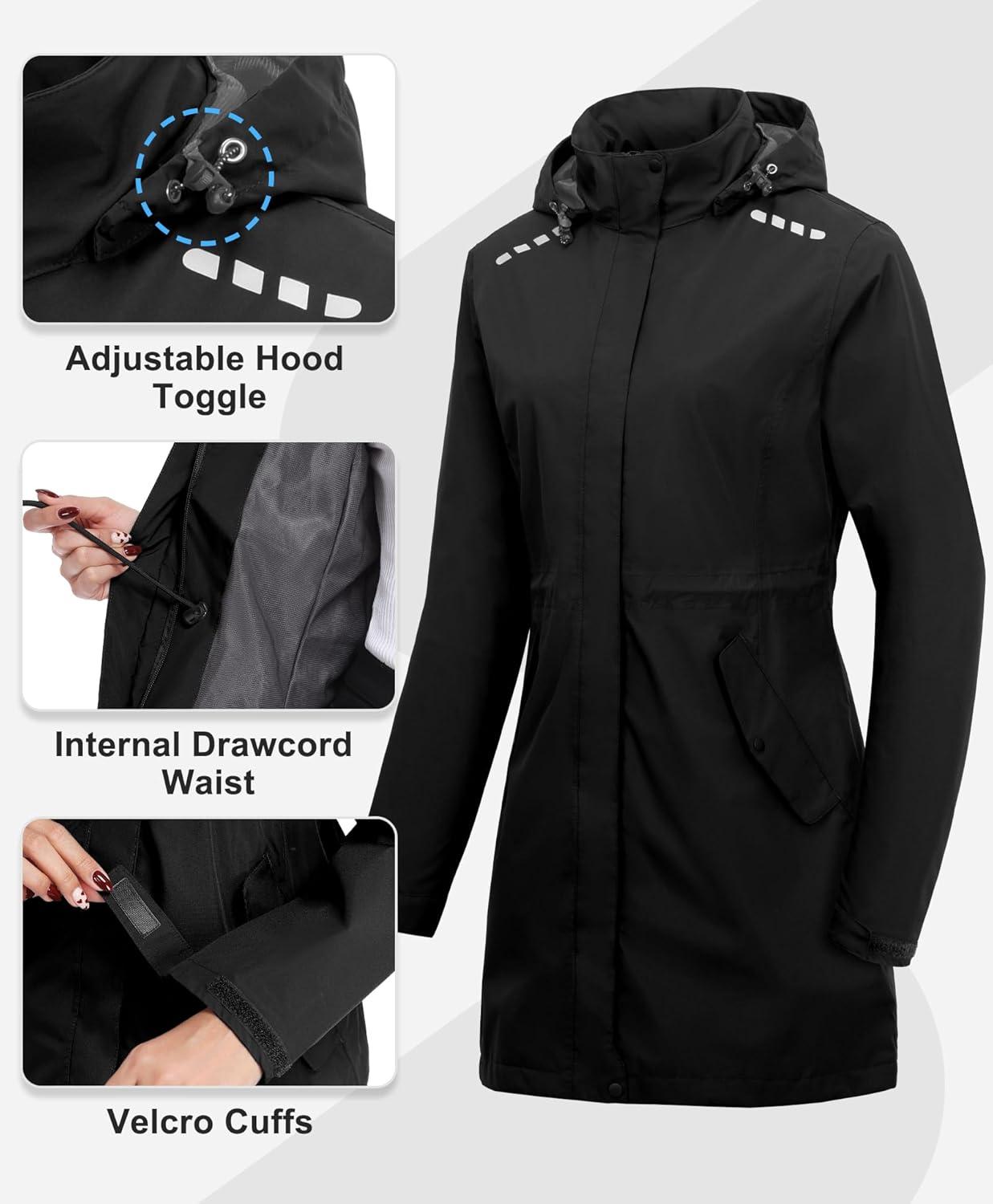 imageLittle Donkey Andy Womens Thin Long Rain Jackets Lightweight Raincoats for Hiking Waterproof Rain Coats with Removable HoodBlack