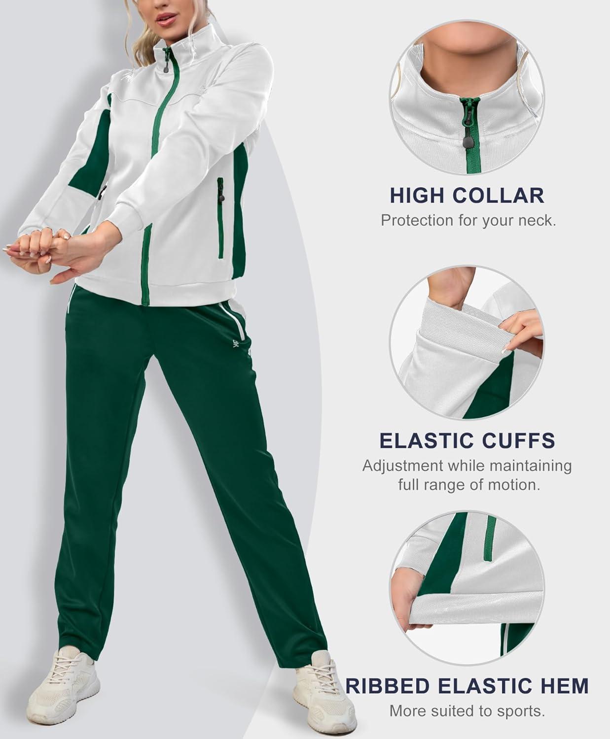imageLittle Donkey Andy Womens Tracksuit Set 2 Piece Sweatsuit Outfits Long Sleeve Zip Up Lounge Jogger Set with Zipper PocketA1 White Green