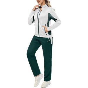 Little Donkey Andy Women’s Tracksuit Set 2 Piece Sweatsuit Outfits Long Sleeve Zip Up Lounge Jogger Set with Zipper Pocket(A1 White Green)