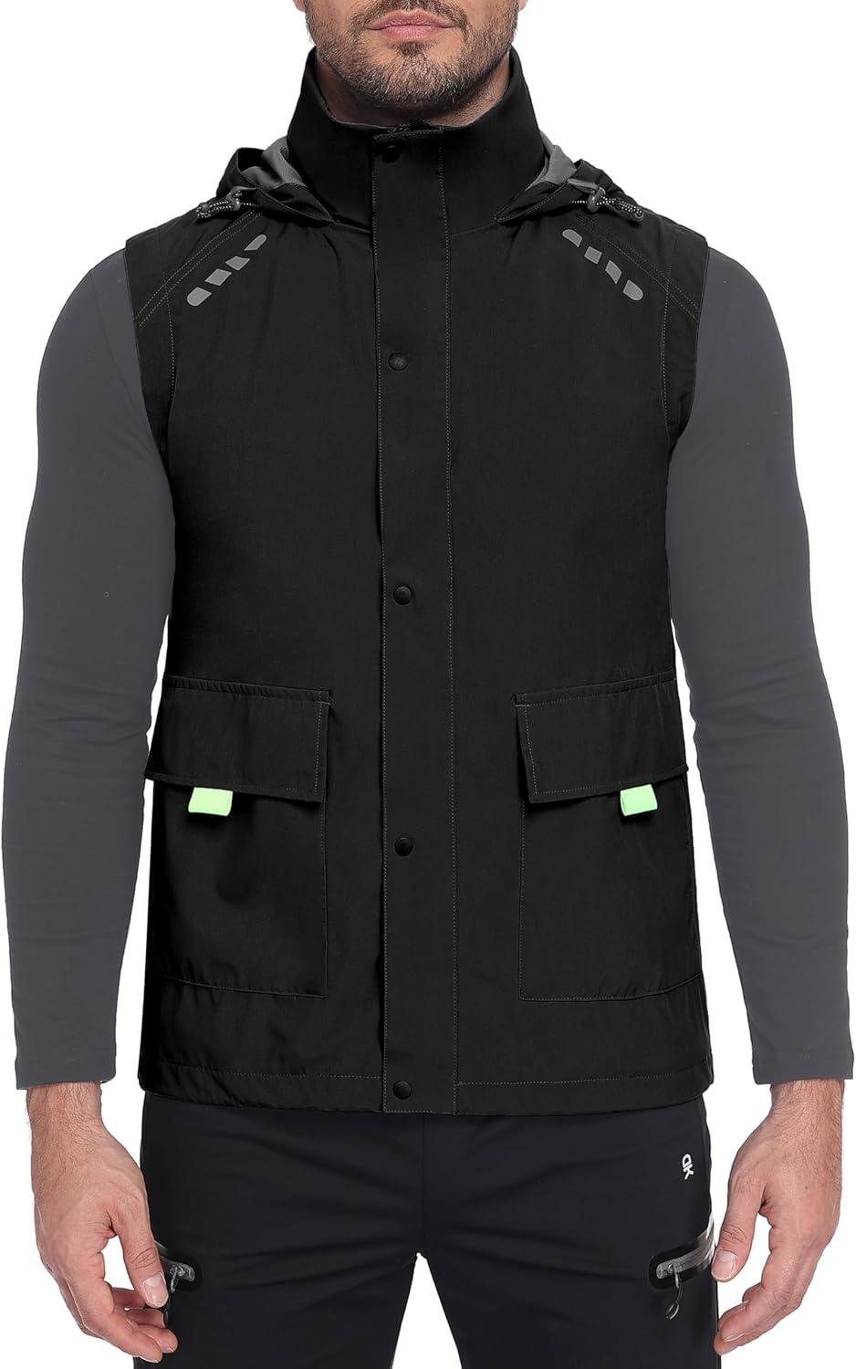 imageLittle Donkey Andy Mens Waterproof Cycling Vests with Hood Lightweight Reflective Stretch Vest for Cycling RunningBlack