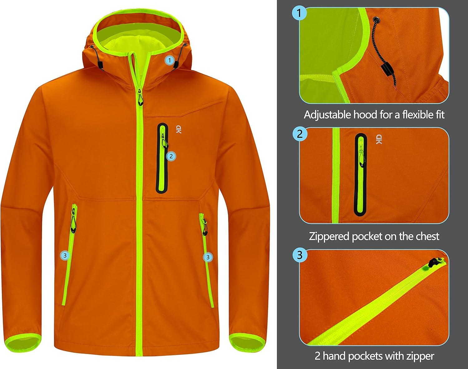 imageLittle Donkey Andy Mens Lightweight Hooded Softshell Jacket for Running Travel Hiking Windproof Outerwear Water RepellentOrange