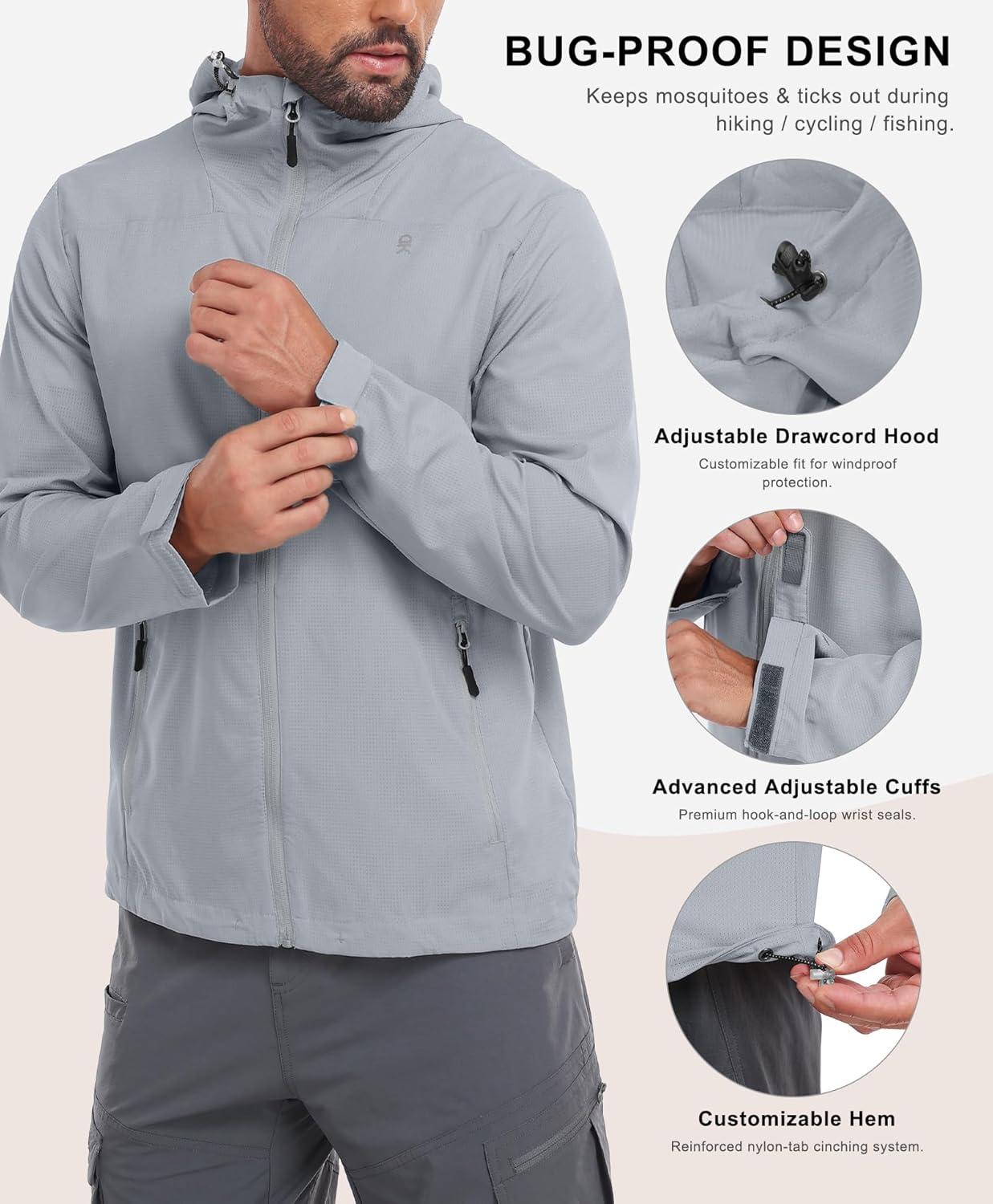 imageLittle Donkey Andy Mens Full Zip Hooded Lightweight Outdoor Jacket UPF Cooling Mesh Fabric Dry Fit for Golf Hiking FishingLight Grey