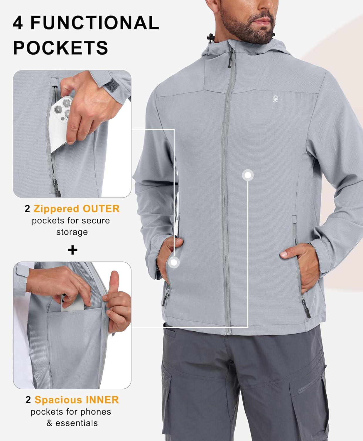 imageLittle Donkey Andy Mens Full Zip Hooded Lightweight Outdoor Jacket UPF Cooling Mesh Fabric Dry Fit for Golf Hiking FishingLight Grey