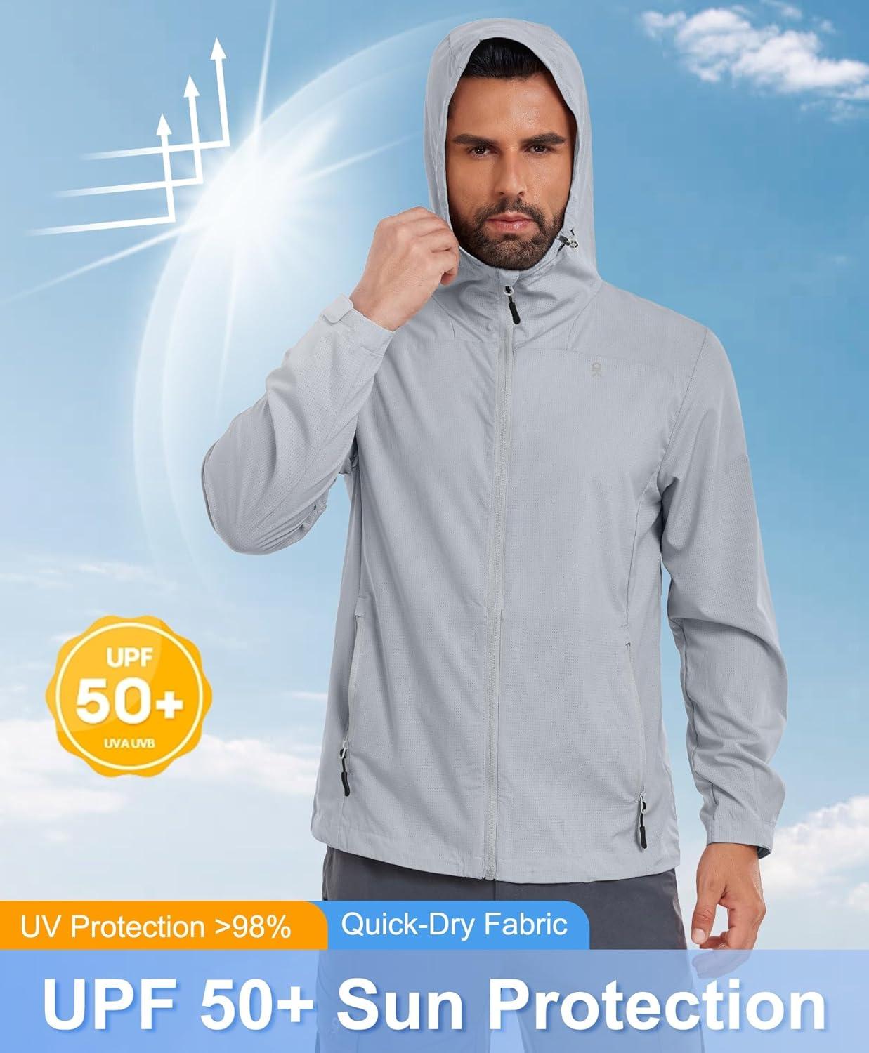 imageLittle Donkey Andy Mens Full Zip Hooded Lightweight Outdoor Jacket UPF Cooling Mesh Fabric Dry Fit for Golf Hiking FishingLight Grey