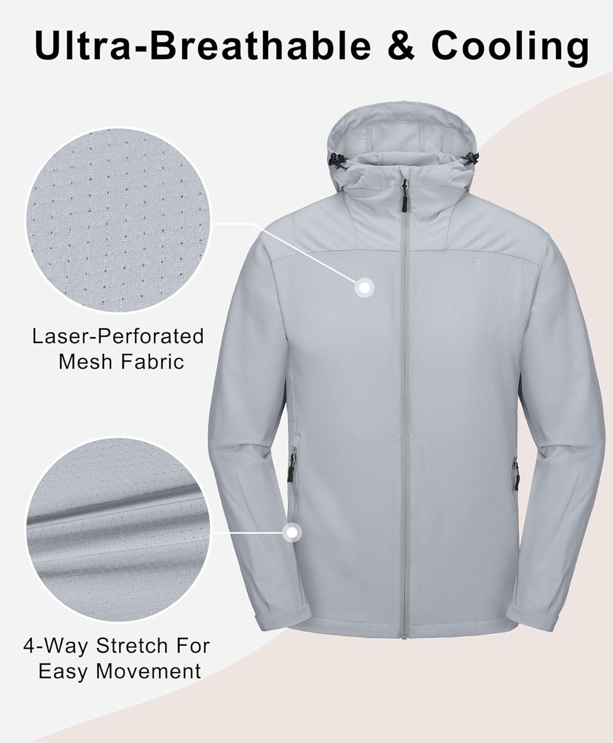 imageLittle Donkey Andy Mens Full Zip Hooded Lightweight Outdoor Jacket UPF Cooling Mesh Fabric Dry Fit for Golf Hiking FishingLight Grey
