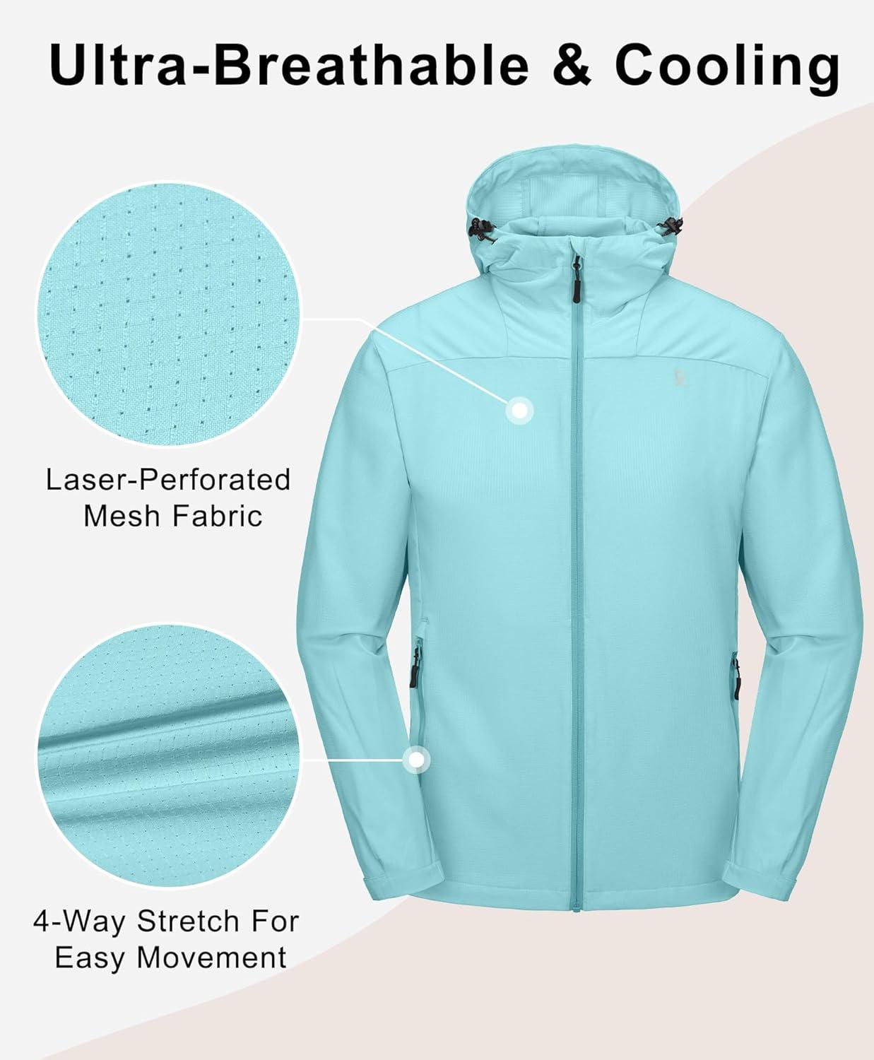 imageLittle Donkey Andy Mens Full Zip Hooded Lightweight Outdoor Jacket UPF Cooling Mesh Fabric Dry Fit for Golf Hiking FishingSky Blue