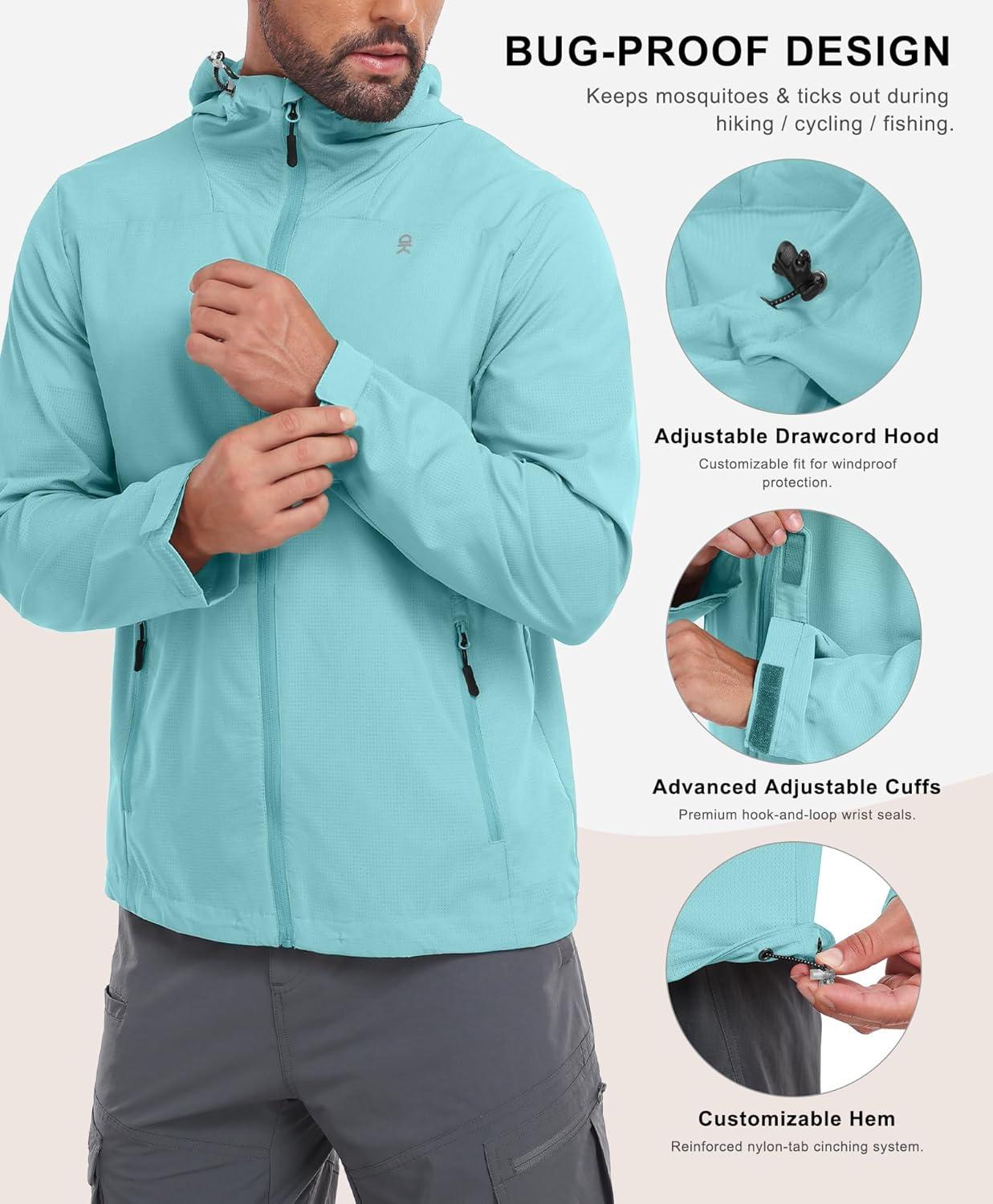 imageLittle Donkey Andy Mens Full Zip Hooded Lightweight Outdoor Jacket UPF Cooling Mesh Fabric Dry Fit for Golf Hiking FishingSky Blue
